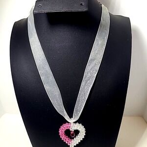 Vintage Necklace Ribbon Pink Acrylic Heart Beaded Pendant Handmade